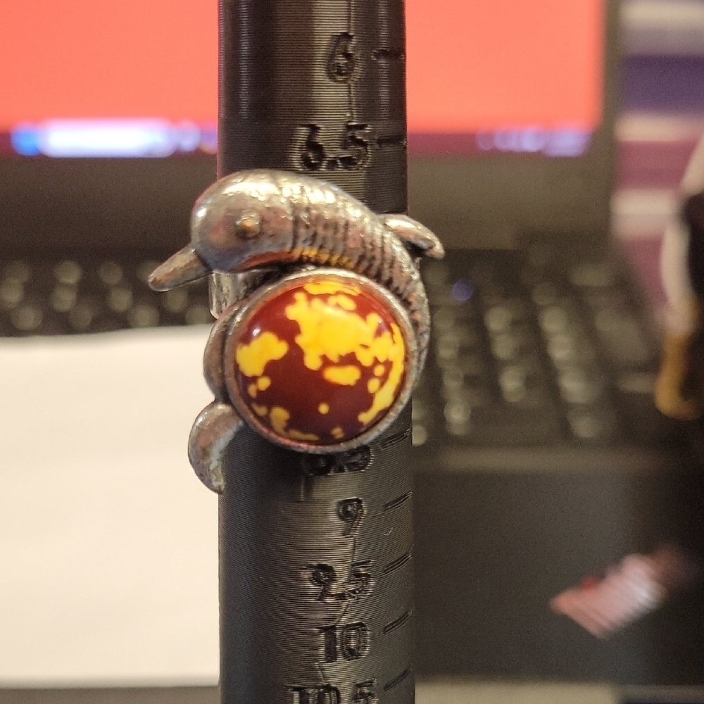 Silver Manatee Ring with Red and Yellow Stone Size 7 Adjustable